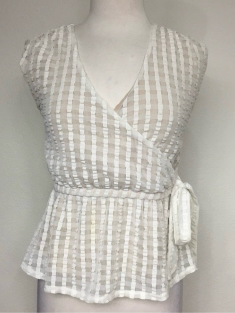 Anthro Deletta Womens Off White Cream Gingham Faux Wrap Sleeveless Top Size S